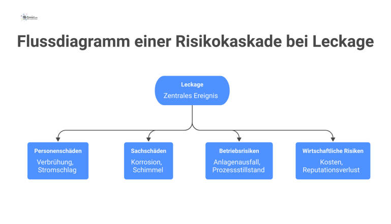 Flussdiagramm einer Risikokaskade bei Leckage Flussdiagramm einer Risikokaskade, die von einer Leckage ausgeht und sich in Personen-, Sach-, Betriebs- und wirtschaftliche Risiken verzweigt.