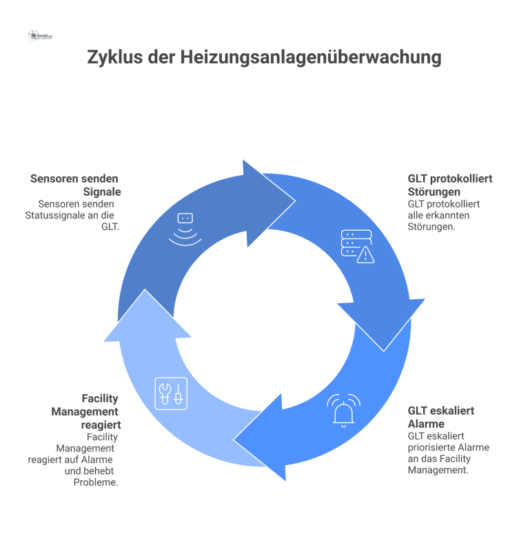 Flussdiagramm Sicherheitskette Heizungsanlage Flussdiagramm der Überwachung einer Heizungsanlage durch die Gebäudeleittechnik, die bei Störungen Alarme an das Facility Management eskaliert.