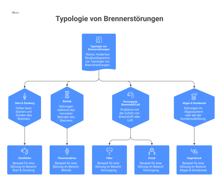 Typologie von Brennerstörungen Strukturdiagramm zur Typologie von Brennerstörungen mit den vier Hauptkategorien Start, Betrieb, Versorgung und Abgas, illustriert durch passende Piktogramme