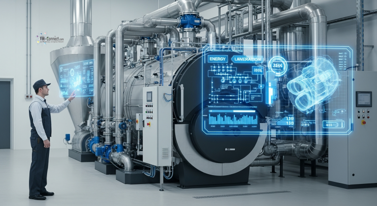 Funktionsweise einer Biomasseheizung: Aufbau vom Brennstofflager bis zur effizienten Wärmenutzung. Schematische Darstellung einer Biomasseanlage zur Verbrennung von Holzpellets oder Hackschnitzeln für eine klimaneutrale Wärmeerzeugung.