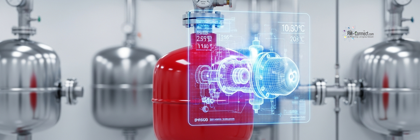Schematische Darstellung eines Membran-Druckausdehnungsgefäßes (MAG) zum Druckausgleich und zur Volumenkompensation in geschlossenen Heizungssystemen.
