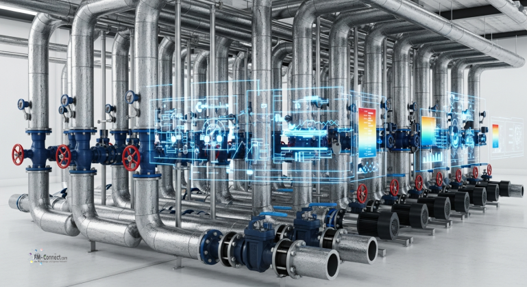 Hydraulisches Verteilnetz: Aufbau und Funktionsweise der Rohrleitungsführung und Pumpentechnik in Heizungsanlagen. Schematische Darstellung eines hydraulischen Verteilnetzes zur effizienten Weiterleitung der erzeugten Wärme an die verschiedenen Heizkreise und Verbraucher.