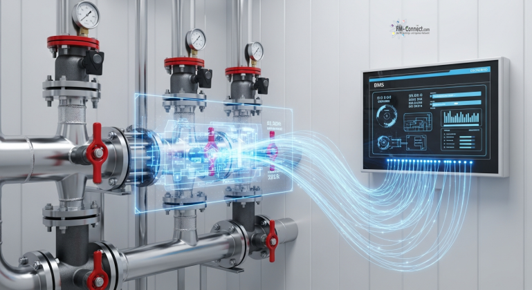 GLT- und BMS-Anbindung in der Heiztechnik: Integration der Heizungsregelung in die übergeordnete Gebäudeleittechnik für intelligentes Facility Management. Schematische Darstellung der GLT- und BMS-Anbindung einer Heizungsanlage zur zentralen Überwachung und Steuerung über ein Gebäudemanagementsystem.