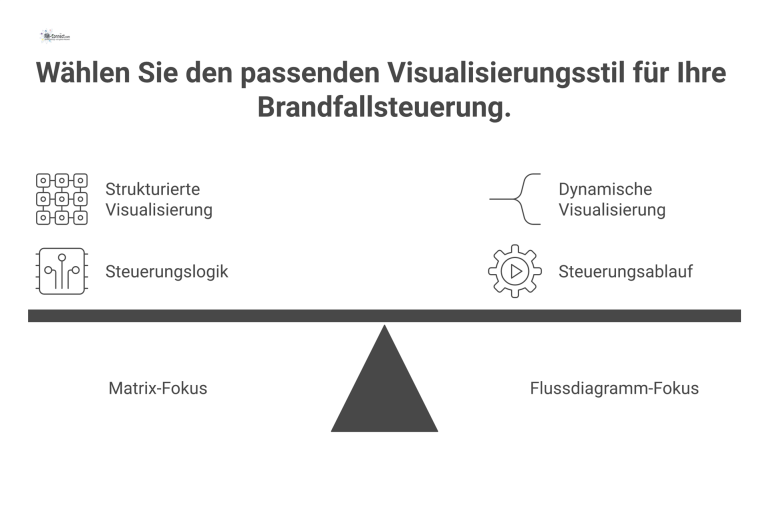 Diagramm einer Brandfallsteuermatrix Diagramm einer Brandfallsteuermatrix, das die Wechselwirkungen zwischen Auslösern wie Brand und den Reaktionen von technischen Anlagen wie Lüftung zeigt.