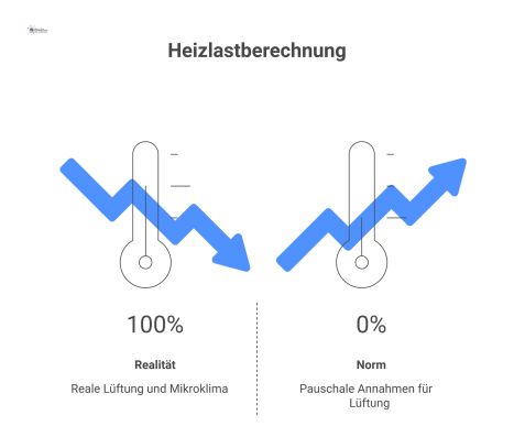 Infografik, die die Heizlastberechnung nach Norm mit der Realität vergleicht und zeigt, wie Diskrepanzen zu falsch dimensionierten Heizungen führen. 